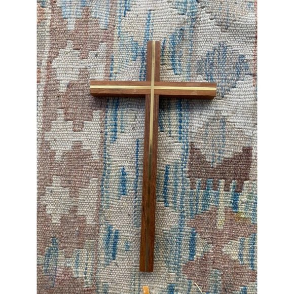 Mid Century Wood and Goldtone Inset Cross Crucifix 10" by 6" - Picture 2 of 10